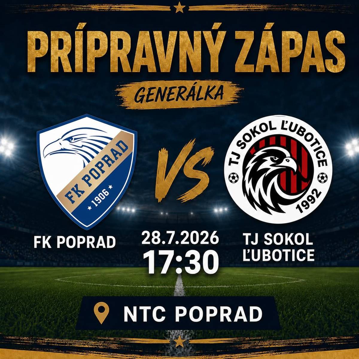 ⚽Popradskí futbalisti odohrajú dnes, t.j. v utorok 28. júla posledný prípravný zápas pred novou sezónou III. ligy Východ. Súperom FK Poprad bude o 17.30 hod. tím TJ Sokol Ľubotice na hlavnom ihrisku NTC Poprad. 💪Popradčania ladia formu na novú sezónu a majú za sebou päť prípravných zápasov, keď najskôr prehrali s Liptovským Mikulášom 1:4, potom remizovali s dorastom FK Železiarne Podbrezová U19 1:1, porazili Gerlachov 5:2 a len tesne podľahli v Spišskej Novej Vsi domácemu tímu 0:1. 👉Zápas s Ľuboticami bude generálkou pred ostrým štartom v III. lige Východ, ale aj v Slovenskom pohári, kde už v sobotu 1. augusta odohrajú zverenci Antona Kočiša duel 1. kola Slovnaft Cup-u na ihrisku v Spišskom Štvrtku o 17. hodine. ‼️Zápas 1. kola nového ročníka III. ligy Východ odohrá FK Poprad v sobotu 8. augusta o 18.30 hod. v NTC Poprad proti MFK Snina. Prídete sa dnes pozrieť na štadión? 😉