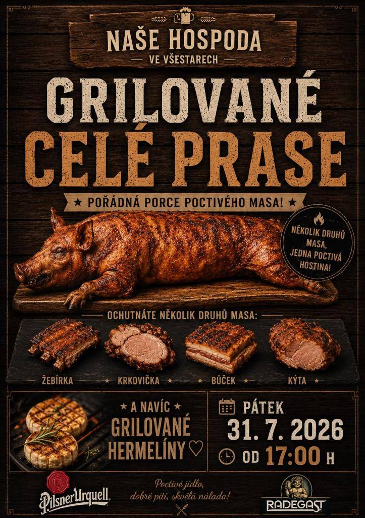Letní grilování celého prasete ve Všestarech