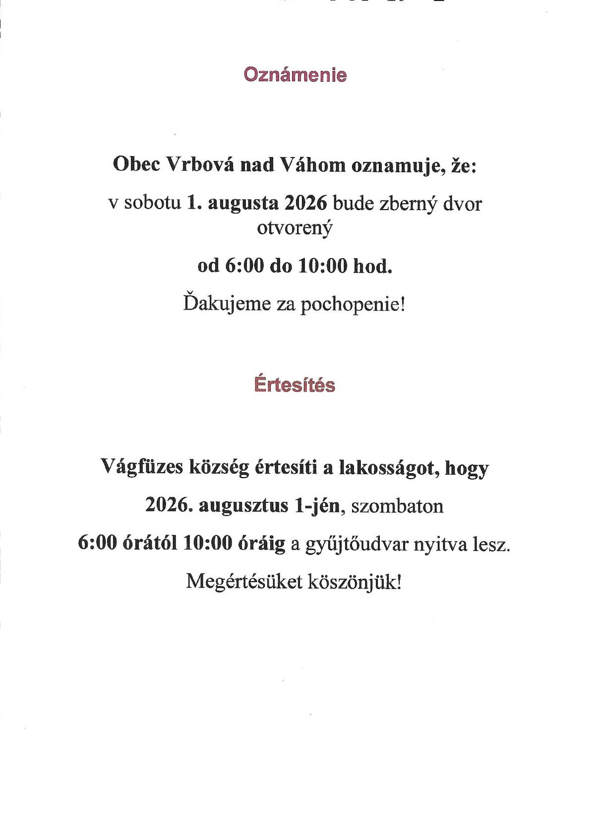 Zberný dvor Vrbová nad Váhom - Gyűjtőudvar Vágfüzes