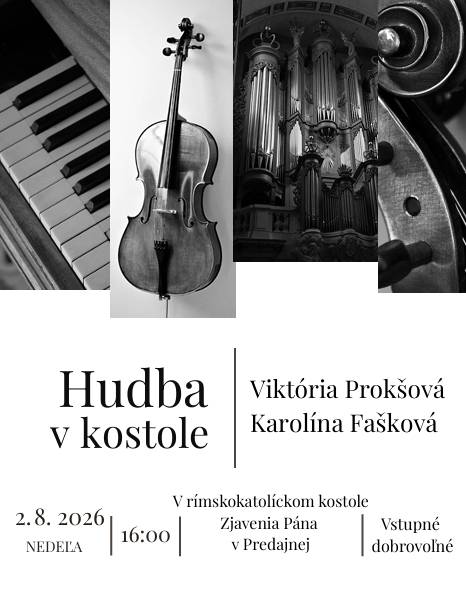 Obec Predajná pozýva občanov na slávnostný organový koncert, ktorý sa odohrá v rámci Dni obce Predajná 2026 v rímskokatolíckom kostole Zjavenia Pána v Predajnej, dňa 2. augusta 2026 o 16:00 hod.