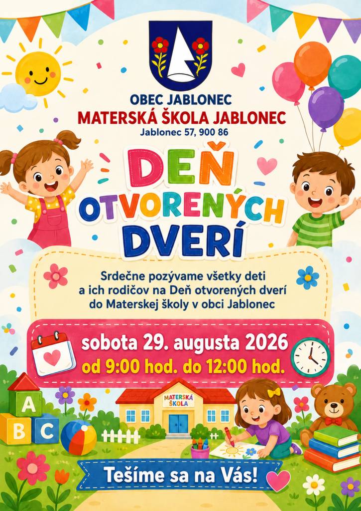 Obec Jablonec a Materská škola Jablonec srdečne pozývajú všetky deti a ich rodičov na Deň otvorených dverí. Pozvanie platí pre všetky deti – aj pre tie, ktoré Materskú školu Jablonec nenavštevujú. Príďte sa pozrieť do priestorov materskej školy, zoznámiť sa s jej prostredím a stráviť príjemné