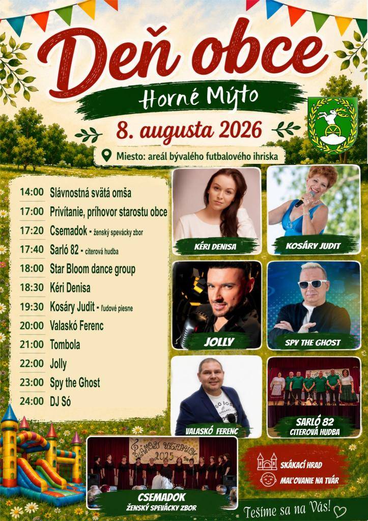 Srdečne vás pozývame na Obecné slávnosti, ktoré sa uskutočnia 8. augusta 2026 na bývalom futbalovom ihrisku.