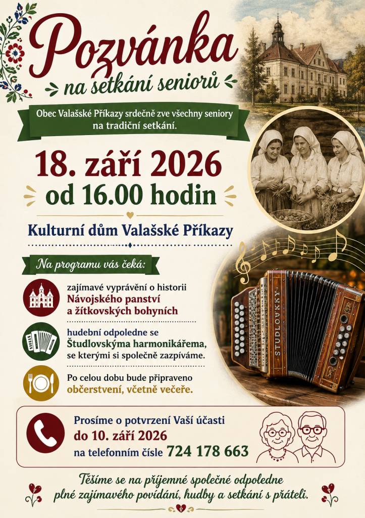 Pozvánka na každoroční setkání dříve narozených, tentokrát na besedě v KD.
