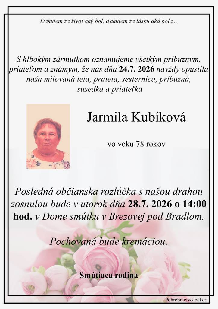 Smútočné oznámenie - Jarmila Kubíková
