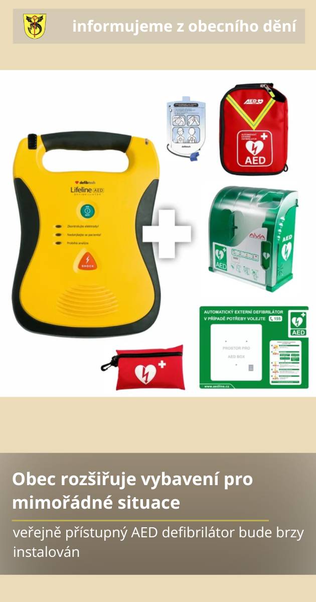 V Dlouhé Třebové bude nově k dispozici veřejně přístupný AED defibrilátor, který může výrazně zvýšit šanci na záchranu člověka při náhlé zástavě srdce. Obec pořídila kompletní sestavu včetně ochranného boxu, dětských elektrod, záchranné sady i registrace do systému integrovaného záchranného systému. Přístroj bude během několika dnů instalován u budovy obecního úřadu. O jeho přesném umístění vás budeme ještě informovat. Současně zveme veřejnost na školení první pomoci a použití AED, které proběhne ve čtvrtek 13. srpna 2026 od 17:00. Pozvánku zveřejníme již brzy.
