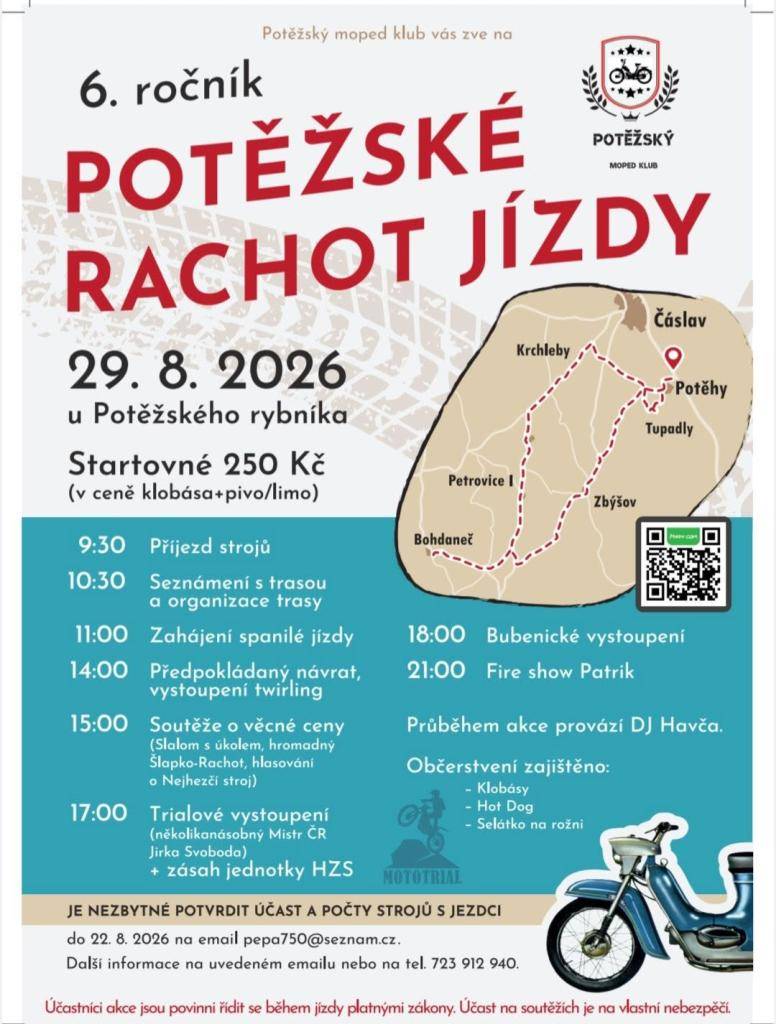 Přijměte pozvání od nedaleké obce Potěhy na Potěžskou rachot jízdu. V rámci akce budou účastníci na svých historických mopedech projíždět také naší obcí Petrovice I. Přijďte si prohlédnout tyto legendární stroje nebo podpořit jejich posádky.