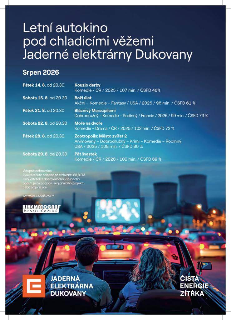 V srpnu 2026 se uskuteční letní autokino pod chladicími věžemi Jaderné elektrárny Dukovany.