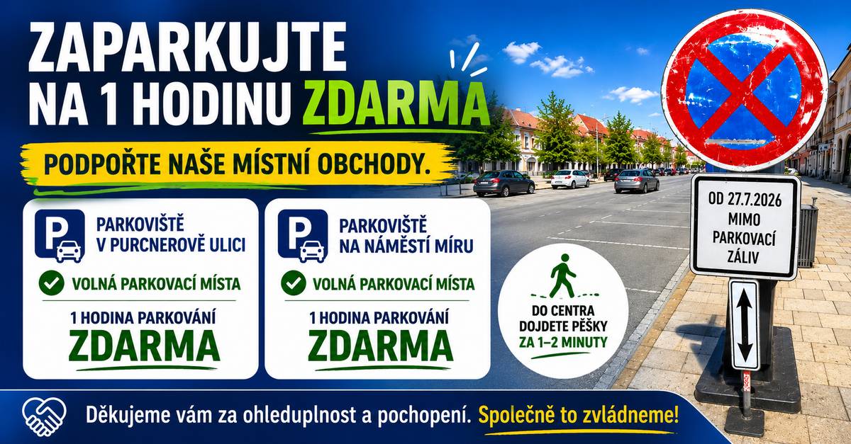 Probíhající oprava obchvatu a s ní spojená objízdná trasa přes naše město s sebou nese řadu komplikací, které se dotýkají nás všech. Abychom udrželi průjezdnost centra a zamezili tvorbě nebezpečných kolon, museli být parkovací zálivy na náměstí ČSA a náměstí Míru dočasně vyčleněny výhradně pro zásobování a dopravní obsluhu. Nezapomínejte, že zaparkovat můžete na: 📍 Parkoviště v Purcnerově ulici – 1 hodina zdarma 📍 Parkoviště na náměstí Míru – 1 hodina zdarma Do většiny obchodů v centru odtud dojdete během jedné až dvou minut. 🤝 Prosíme vás: nepřestávejte nakupovat u svých oblíbených místních prodejců. Současná dopravní situace je pro ně náročná a každý zákazník jim pomůže. Děkujeme vám za pochopení, ohleduplnost a za to, že v tom držíme spolu. Společně to zvládneme!