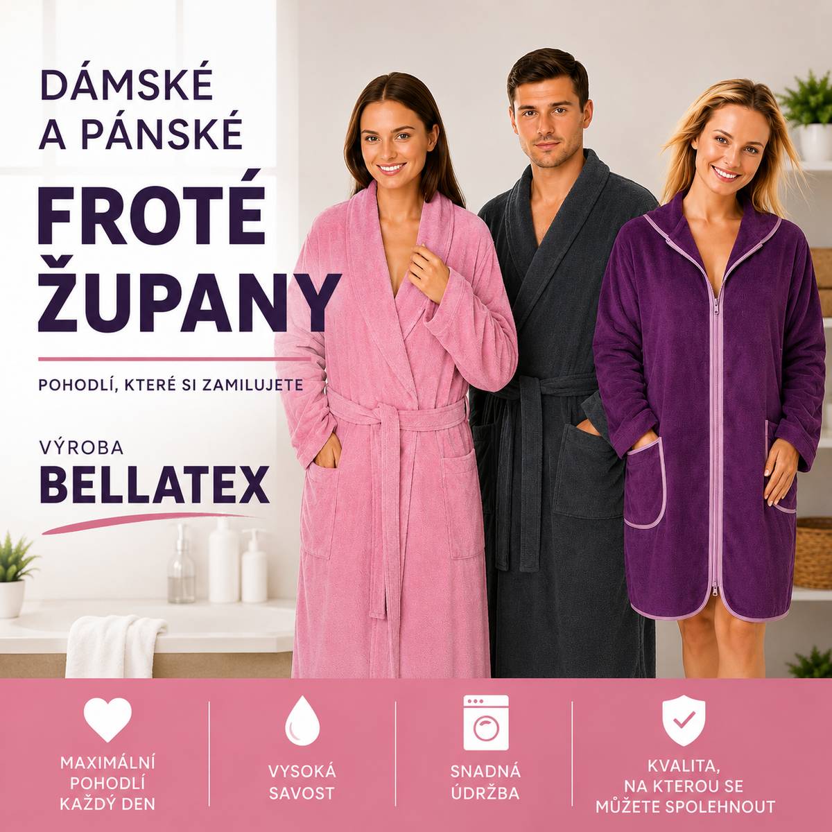 Vážení zákazníci, nechybí vám v šatníku pohodlný župan? V BELLATEXU si ho jistě vyberete. Těšíme se na vás.