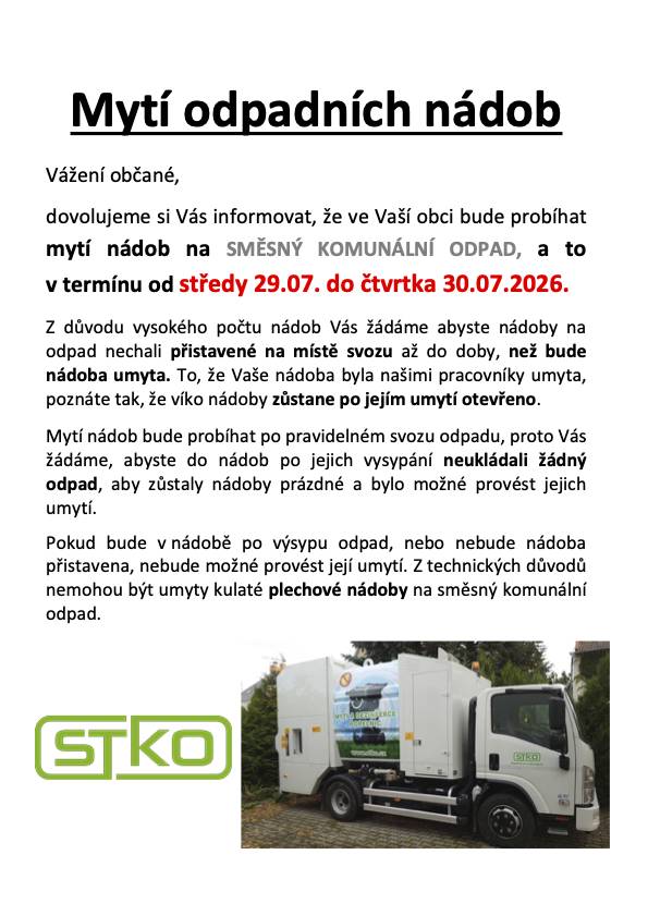 Od středy 29.7. do čtvrtka 30.7. proběhne mytí nádob na směsný komunální odpad.
