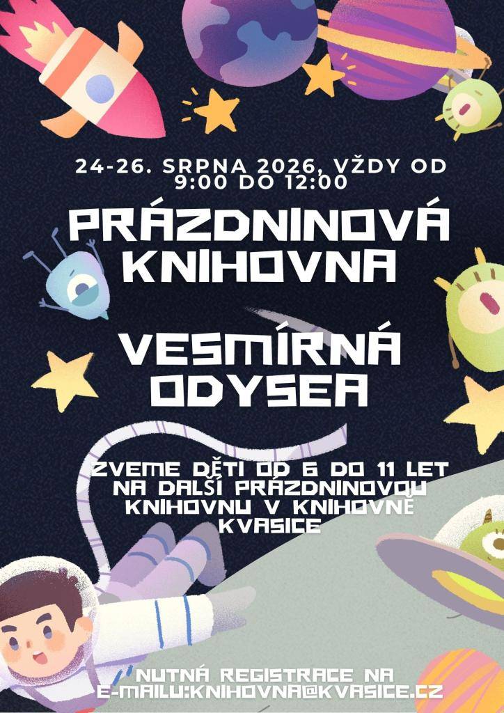 Zveme děti od 6 do 11 let na další prázdninovou knihovnu, která bude probíhat od 24. do 26.8., vždy od 9:00 do 12:00. Z důvodu omezené kapacity je nutná registrace dítěte na e-mailu knihovna@kvasice.cz