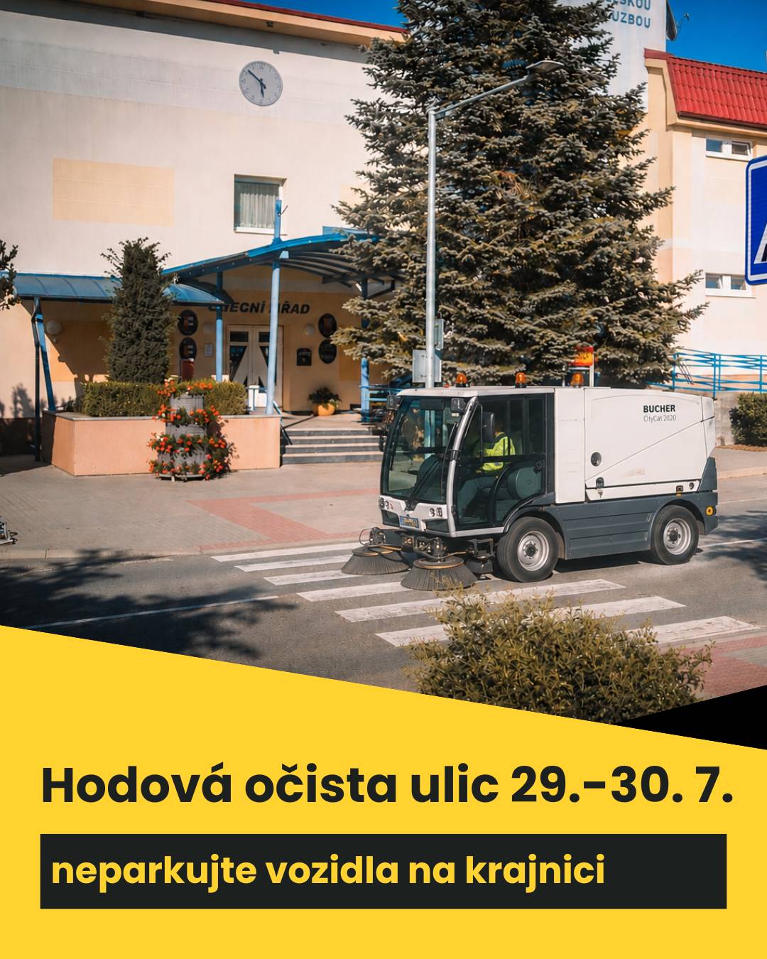 Bloková očista vozovek ve všech ulicích bude probíhat ve středu 29. a čtvrtek 30. července. Neparkujte prosím svá auta na vozovce, aby zametací vůz mohl silnici pořádně zamést. Děkujeme.