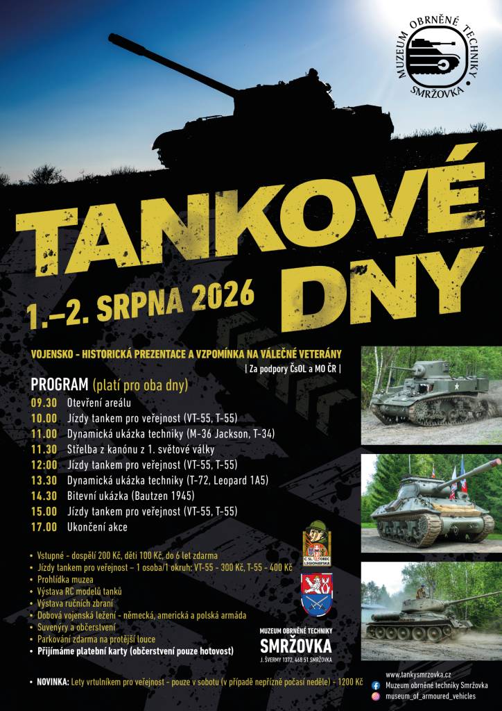 Muzeum obrněné techniky Smržovka zve všechny příznivce vojenské historie a těžké techniky na Tankové dny, které se uskuteční ve dnech 1.–2. srpna 2026. Návštěvníky čeká bohatý program plný dynamických ukázek, jízd tankem, historické techniky i připomínky válečných veteránů.