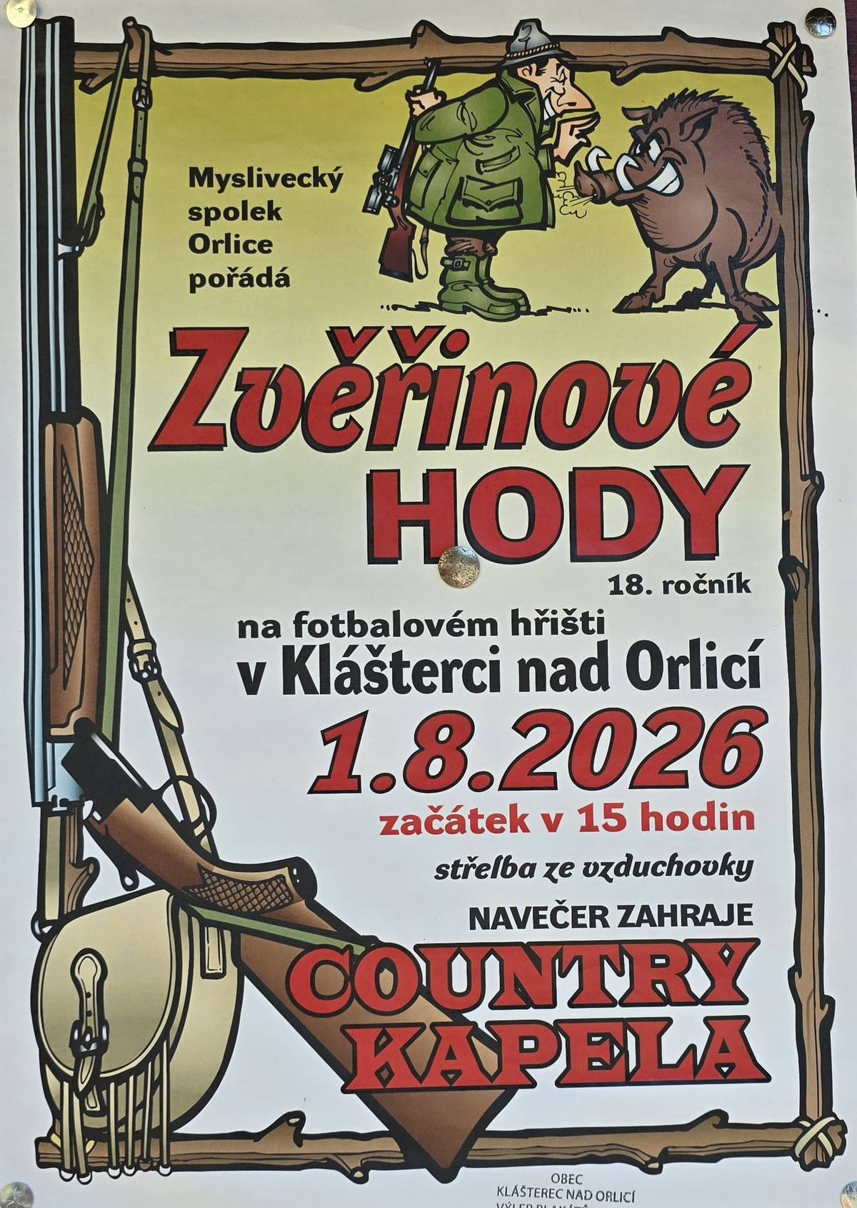 Myslivecký spolek Orlice vás tuto sobotu 1. 8. od 15:00 hodin zve na tradiční Zvěřinové hody v Klášterci nad Orlicí na fotbalovém hřišti.