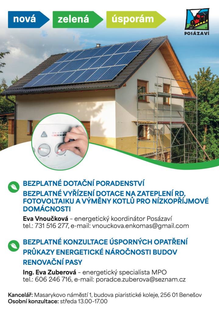 V přiloženém letáku naleznete kontakty na bezplatné dotační poradenství a konzultace úsporných opatření pro zateplení RD, fotovoltaiku, výměnu kotlů, průkazy energetické náročnosti a renovační pasy. Osobní konzultace je možné domlouvat na středu 13-17h v Benešově.