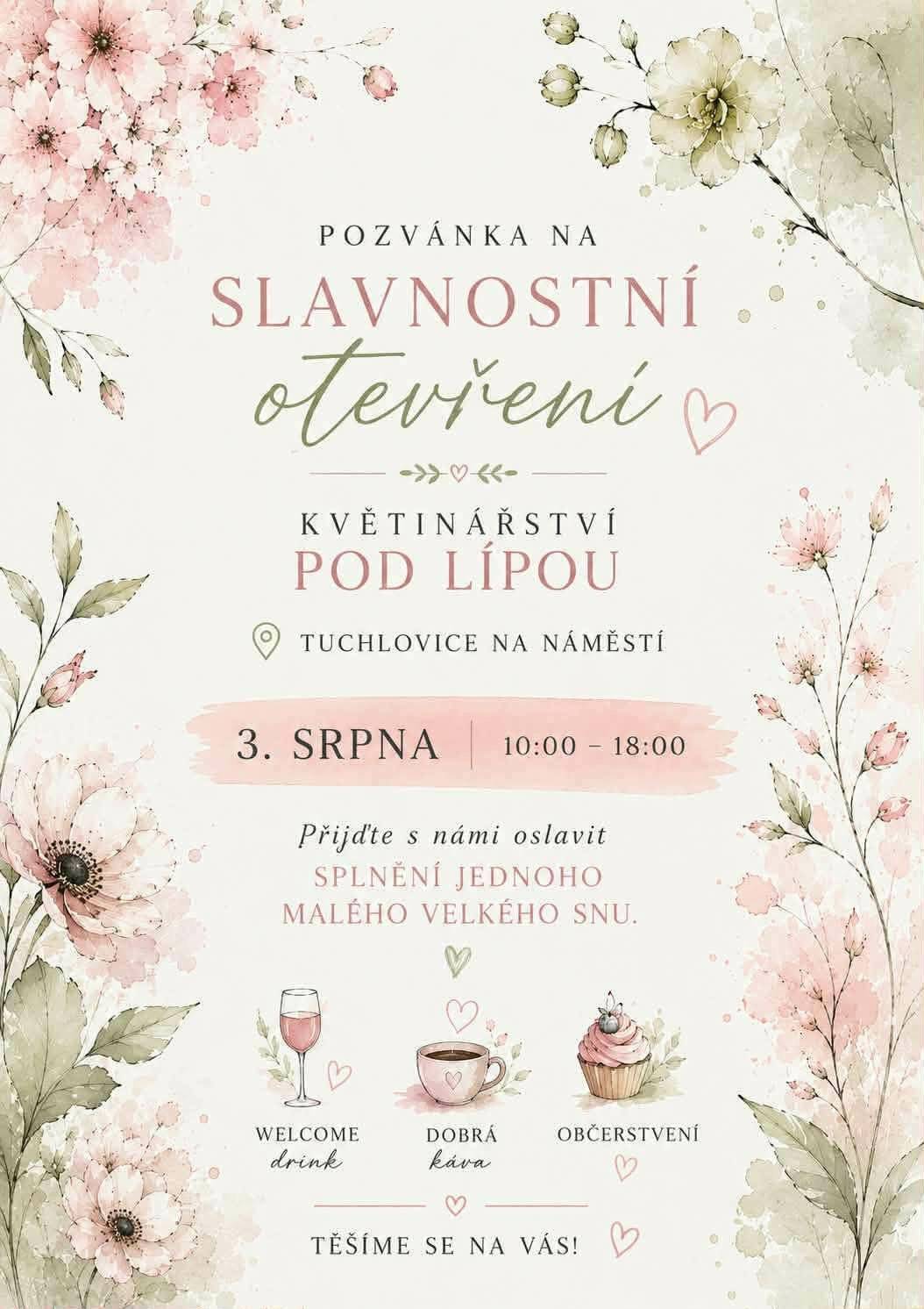 V pondělí 3. srpna se otevírá nové květinářství na tuchlovickém náměstí! ☺️ Více info v přiloženém letáčku.