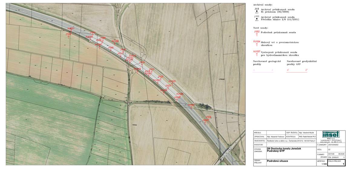 Ve dnech 27. července až 7. srpna 2026 bude na území města Hostivice probíhat geotechnický průzkum pro připravovaný tunel Jeneček na dálnici D6.  Součástí průzkumu budou průzkumné vrty, které budou prováděny pomocí pásové vrtací soupravy. Na území města Hostivice bude realizováno celkem 29 vrtů. Jejich předpokládané umístění naleznete v přiložené mapě.  Majitelé a uživatelé dotčených pozemků byli o plánovaných pracích již individuálně informováni.  Děkujeme za pochopení.