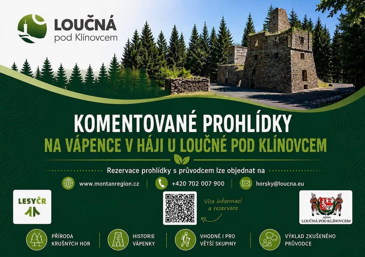 Poznejte jedinečnou technickou památku s průvodcem, který vás zavede do vnitřních prostor a vysvětlí celý proces výroby vápna dle tradičních postupů. Rezervace prohlídek je možná online na webu https://rezervace.montanregion.cz/ tel.: +420 702 007 900 e-mail: horsky@loucna.eu