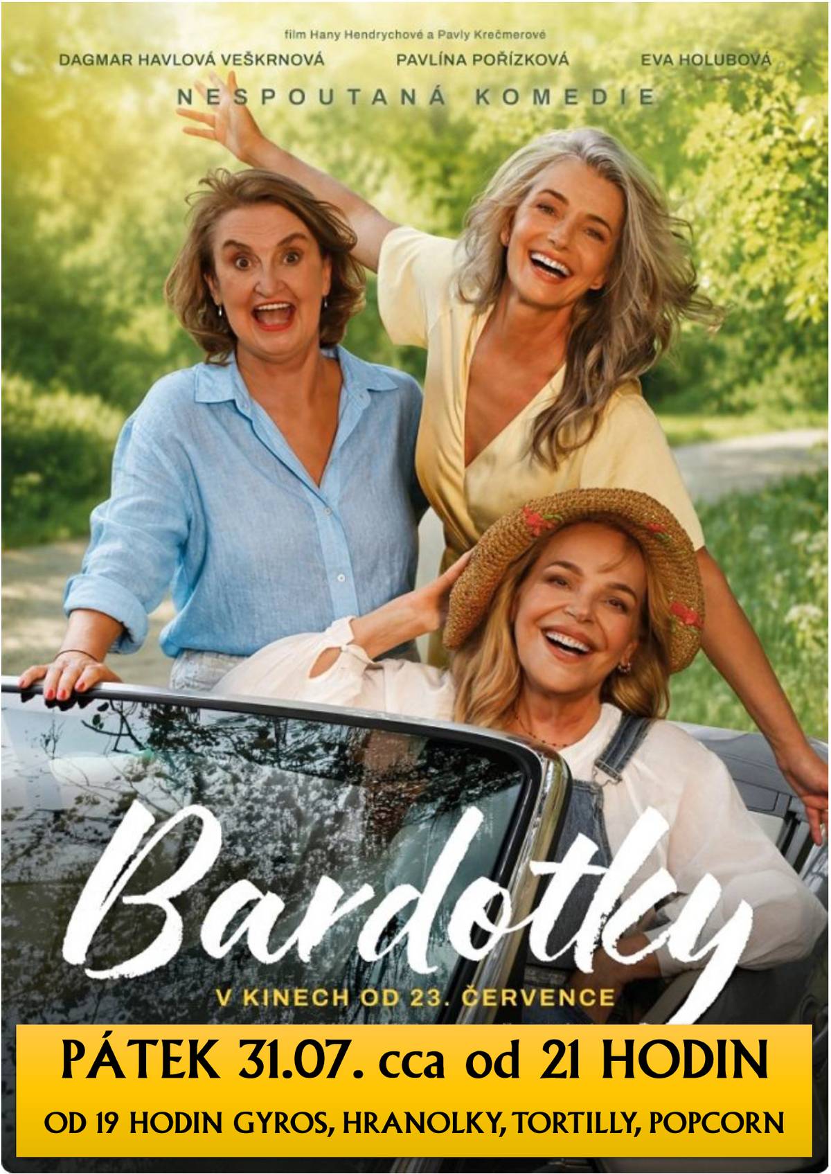 Letošní druhé hlasování o výběr filmu na letní kino bylo poměrně vyrovnané a již tento pátek 31.07. se můžete těšit na film "Bardotky" (2026) v hlavních rolích s Evou Holubovou, Pavlínou Pořízkovou a Dagram Havlovou. Promítat budeme opět cca od 21 hodin. Již od 19 hodin pro vás bude připraveno občerstvení - gyros, hranolky, tortilly i domácí popcorn. Těšíme se na Vás již tento pátek na výletišti V dole!
