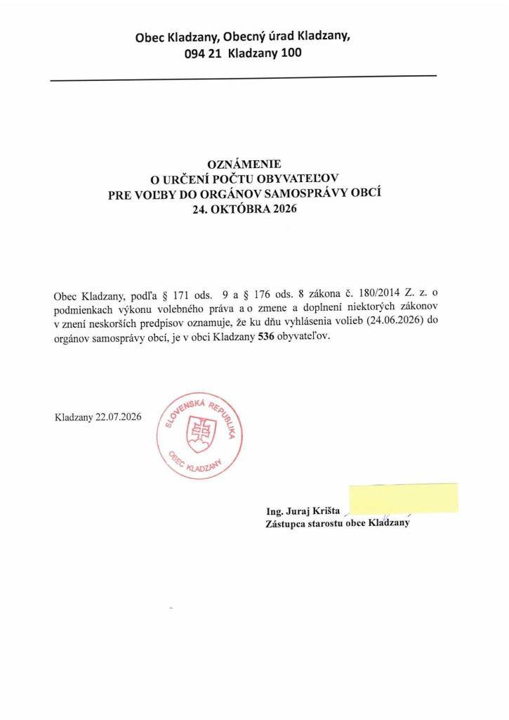 Oznámenie o určení počtu obyvateľov pre voľby do orgánov samosprávy obcí