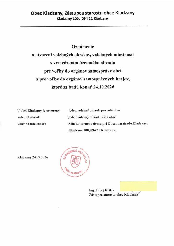 Oznámenie o utvorení obvodu, volebného okrsku a volebnej miestnosti.