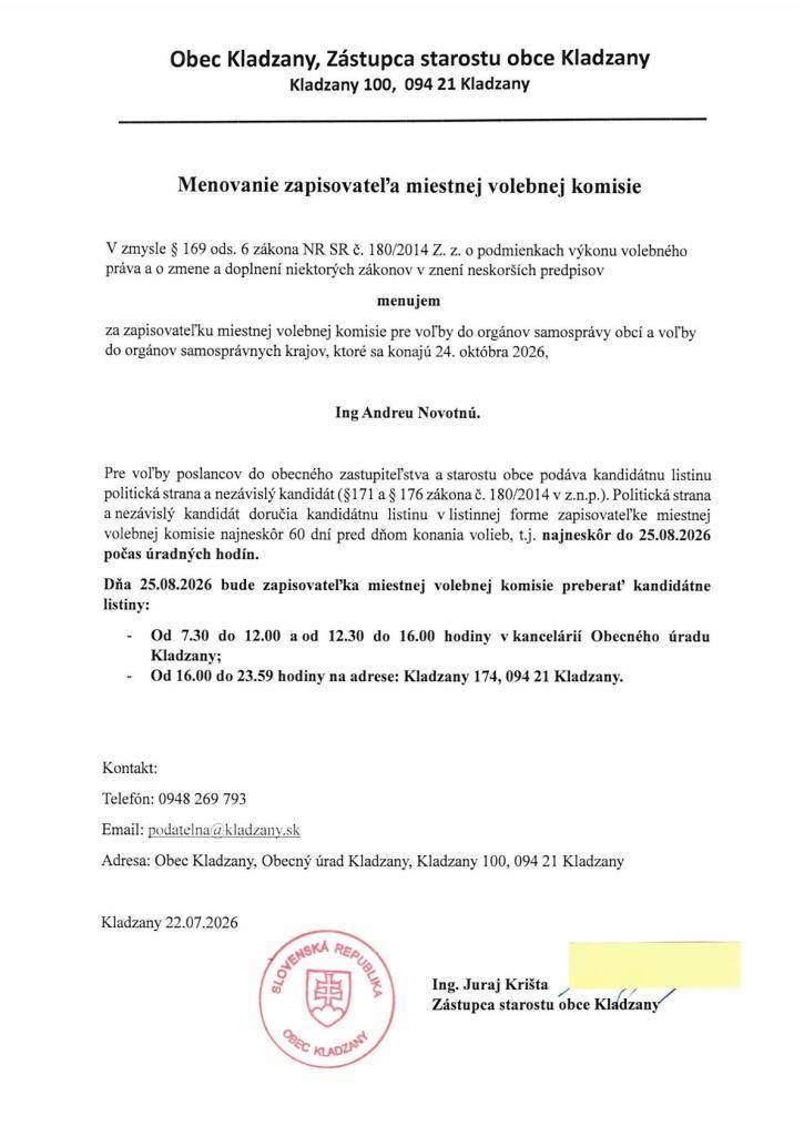 Menovanie zapisovateľa miestnej volebnej komisie