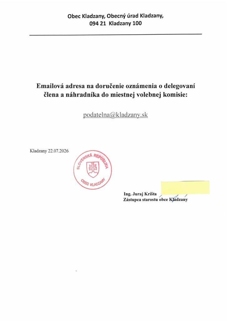 Emailová adresa na doručenie oznámenia o delegovaní člena a náhradníka do miestnej volebnej komisie