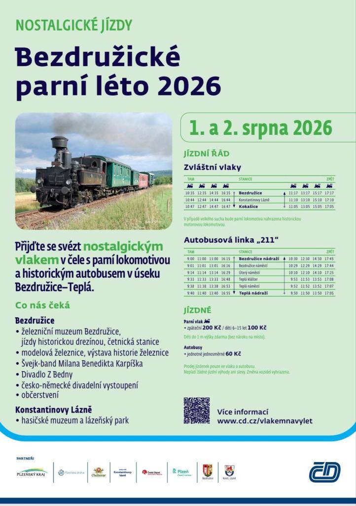 V rámci akce Bezdružické parní léto 2026 se uskuteční nostalgické jízdy 1. a 2. srpna 2026.