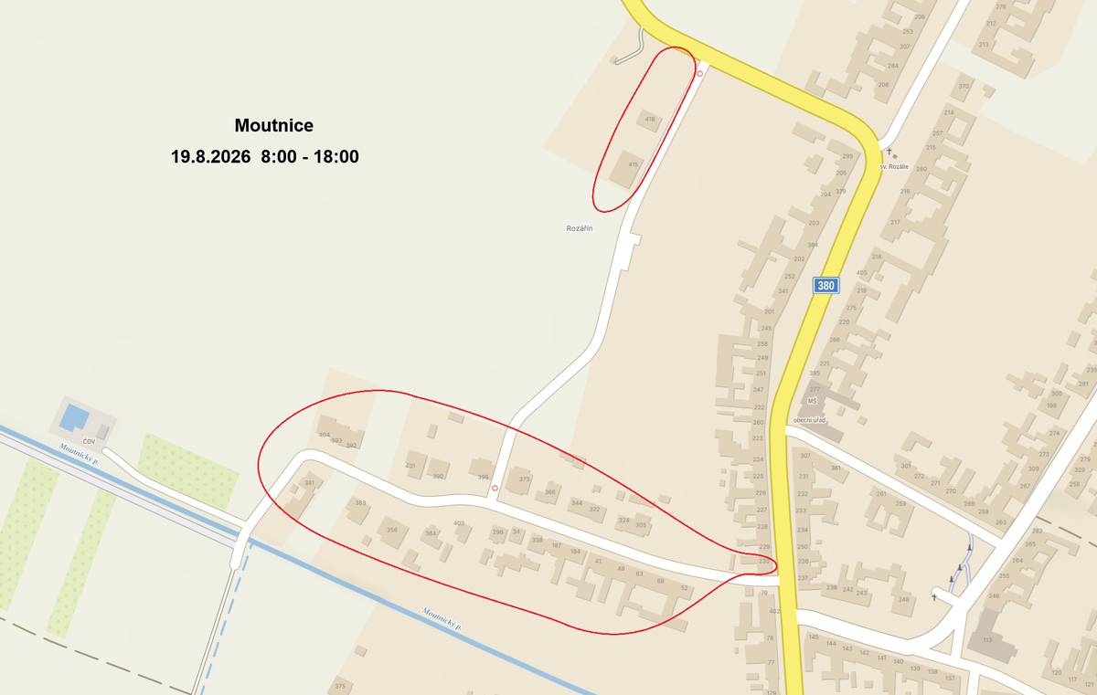 Společnost EG.D, s.r.o. oznamuje občanům, že z důvodu plánových prací na distribuční soustavě bude dne 19. 8. 2026 v době od 8.00 do 18.00 hodin přerušena dodávka el. energie v těchto částech obce:  lokalita Za Dvory Zelničky č.p. 230 na hlavní silnici