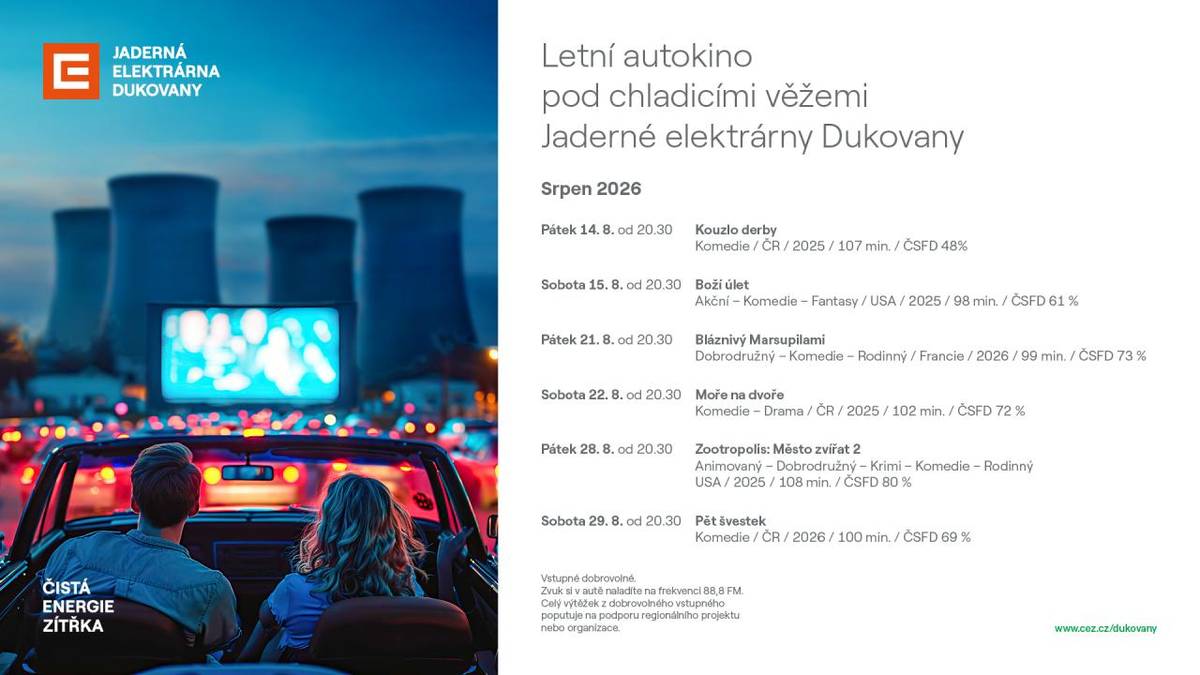 Pod chladicími věžemi Jaderné elektrárny Dukovany se od 14. do 29. srpna 2026 uskuteční jubilejní desátý ročník letního autokina, které přinese šest filmových projekcí.