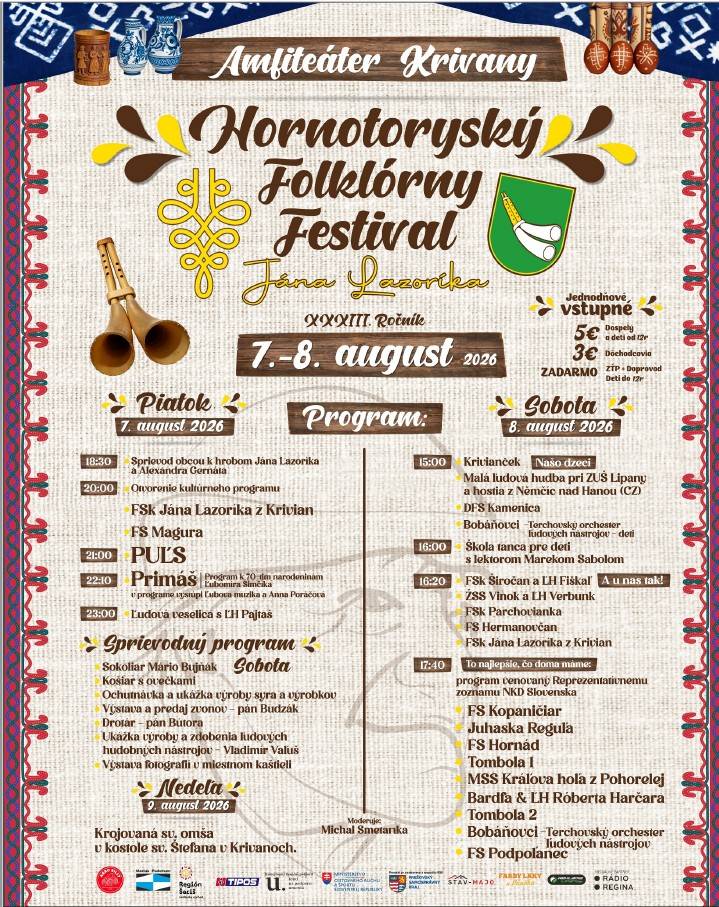 Obec Krivany Vás srdečne pozýva na folklórny festival Jána Lazoríka 7.-8. augusta 2026 s bohatým programom.