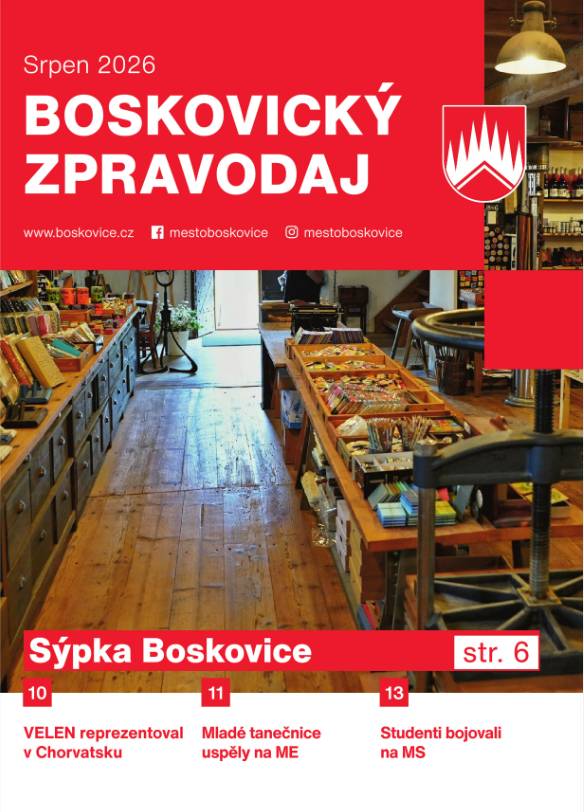 V srpnovém čísle si přečtete aktuální zprávy z Rady města Boskovice. Připravili jsme také rozhovor s Ladislavem a Markem Oujeským o Sýpce Boskovice, knihařském řemeslu a jejich plánech do budoucna. Nechybí ani zprávy z kulturního dění, přehled akcí na srpen či zprávy z Nemocnice Boskovice.
