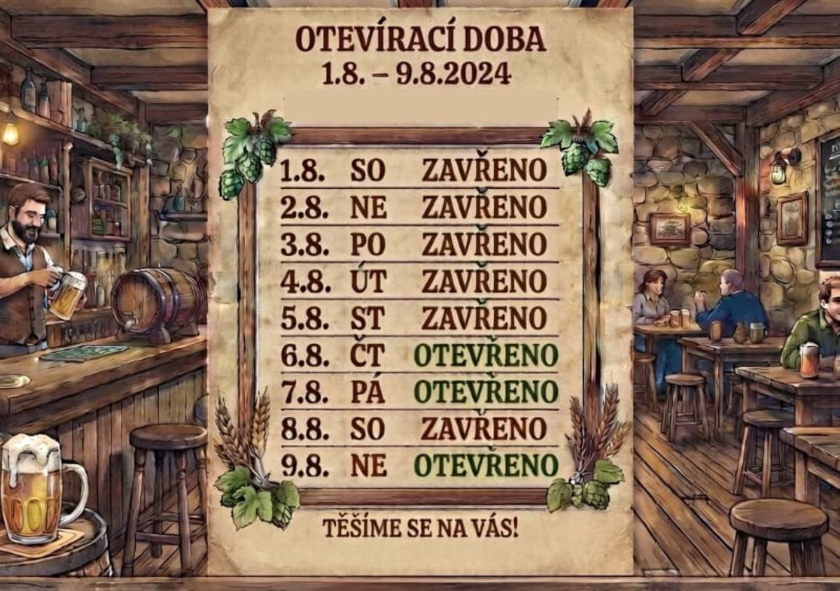 Z důvodu čerpání dovolené ve dnech 1.8. až 9.8. 2026 dochází ke změně otevírací doby v Obecní hodpodě. Děkujeme za pochopení.
