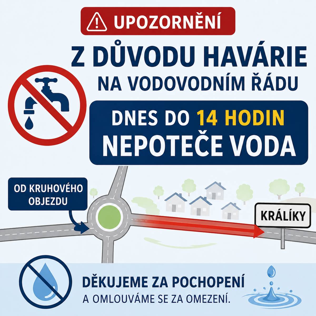Z důvodu havárie na vodovodním řádu nepoteče dnes do 14 hodin voda v místě od kruhového objezdu směrem na Králíky.  Děkujeme za pochopení.