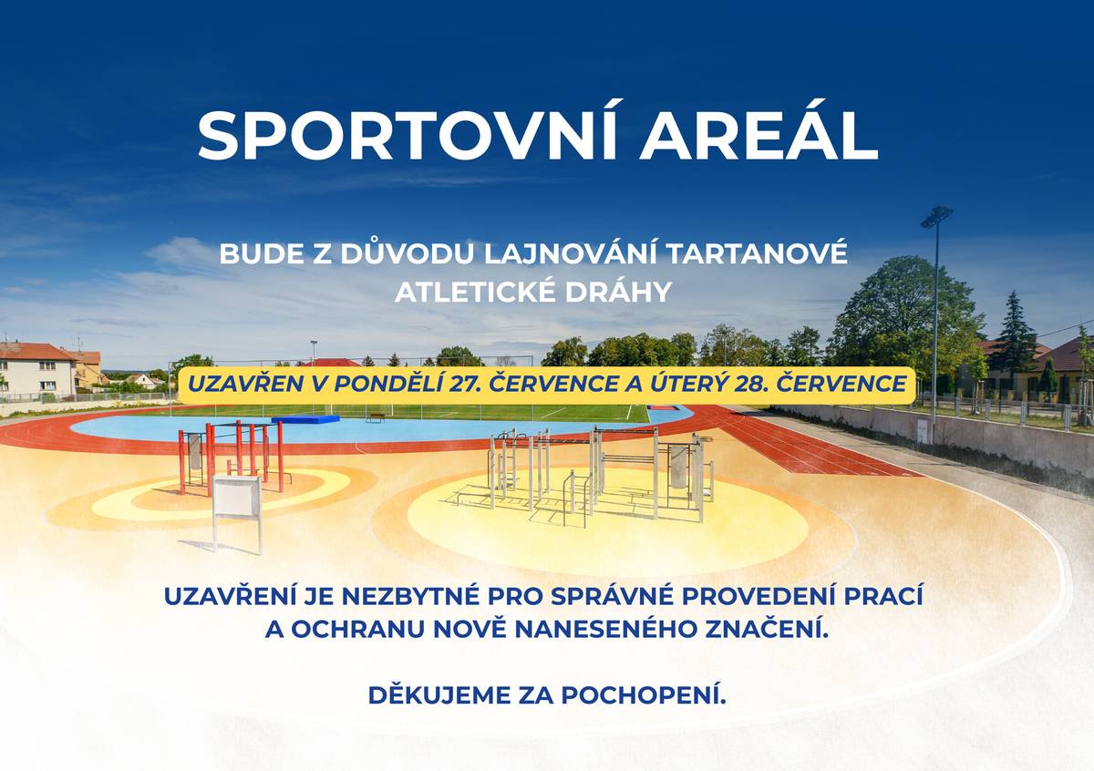 Vážení návštěvníci, z důvodu lajnování atletické tartanové dráhy bude Sportovní areál ve dnech pondělí 27. 7. a  úterý 28. 7. 2026 zcela uzavřen. Uzavření je nutné pro kvalitní provedení značení atletické dráhy. Děkujeme za pochopení.