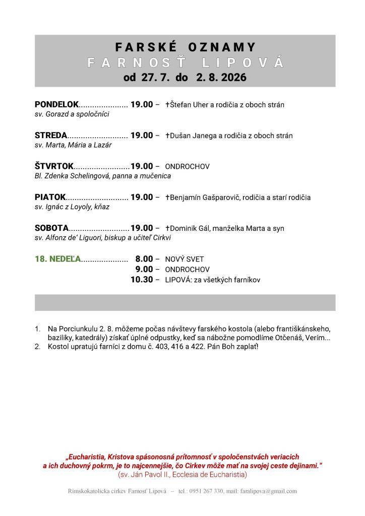 Poriadok bohoslužieb od 27.07. do 02.08.2026