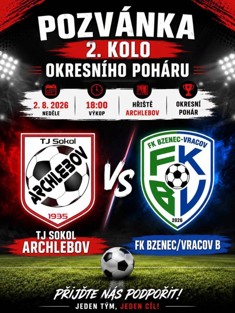 TJ Sokol Archlebov zve příznivce kopané na 2. kolo okresního poháru, kdy na domácím hřišti přivítáme v neděli 2. srpna tým FK Bzenec/Vracov B. Atraktivní utkání začne v 18:00 hod., tak přijďte fandit Archlebovu!