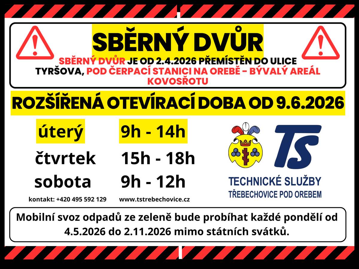 Opakujeme, že sběrný dvůr je přestěhovaný a má upravenou otevírací dobu.
