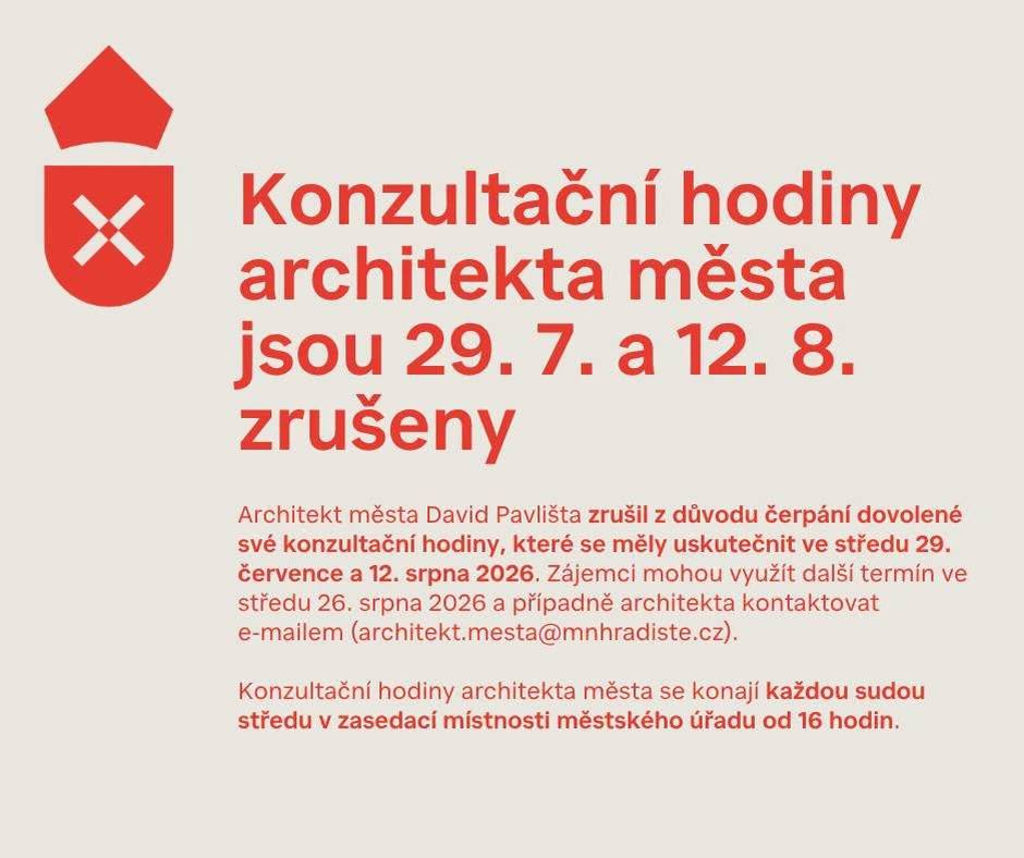 Potřebujete konzultaci s architektem města? Příští dva termíny jsou sice zrušené kvůli čerpání dovolené, na Davida Pavlištu se ale můžete obrátit e-mailem, případně využijte termín naplánovaný na 26. srpna 2026. Děkujeme za pochopení.