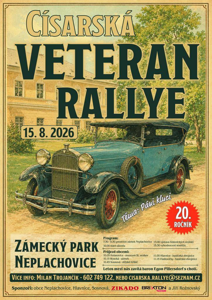 Příznivci historických vozidel Vás srdečně zvou dne 15.8.2026 na 20. ročník Císarské veteran rallye. Zastávka v naší obci je plánovaná od 10:45 hod.