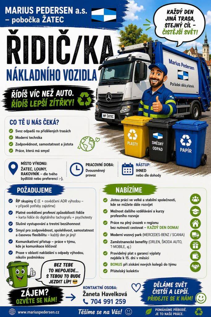 Marius Pedersen a.s. - řidič/ka nákladního vozidla pro svoz komunálního odpadu.  pobočka Žatec