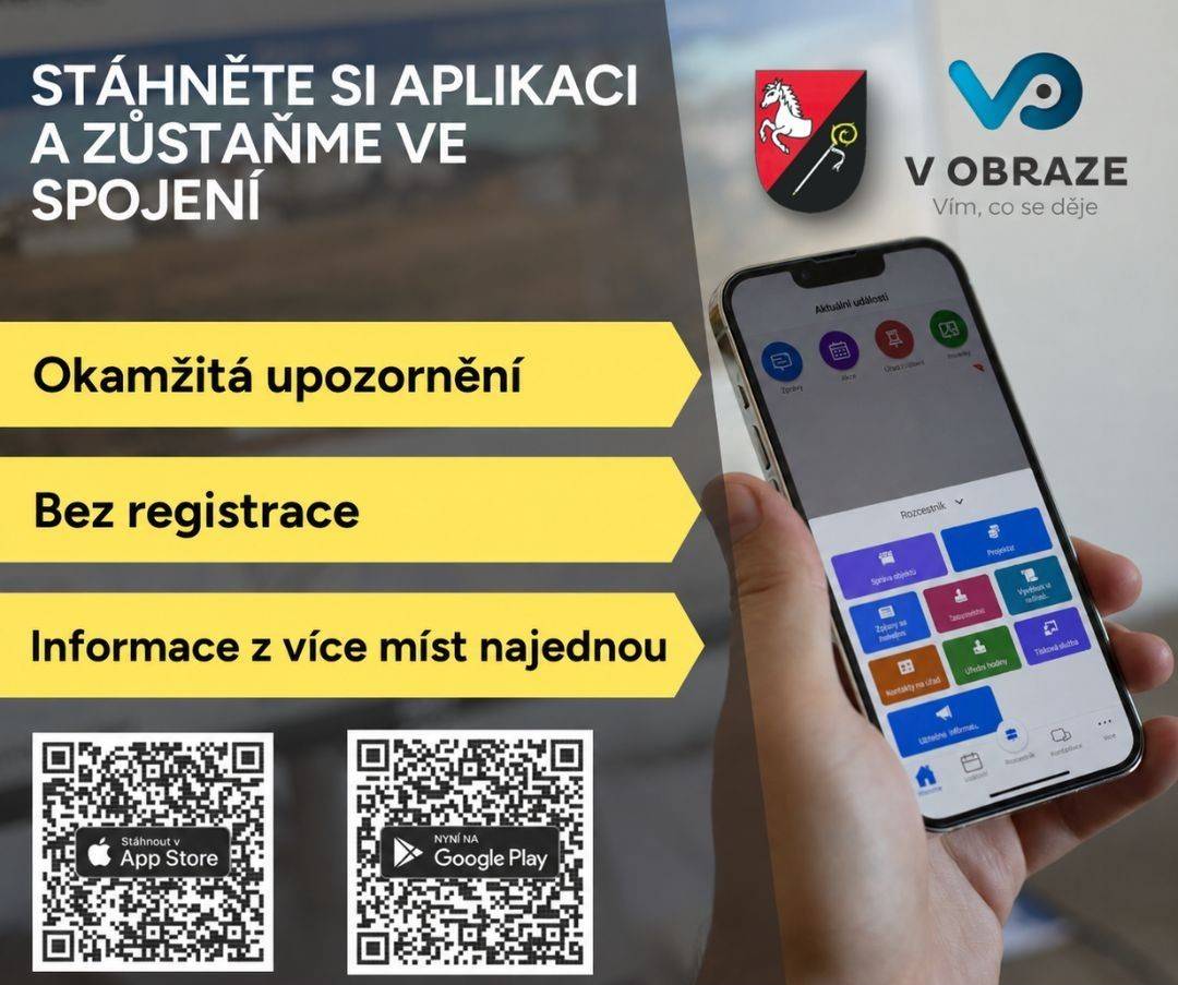 Obec Vejprnice již několik let využívá mobilní aplikaci V OBRAZE, díky které máte důležité informace z obce vždy po ruce – rychle, přehledně a zdarma.