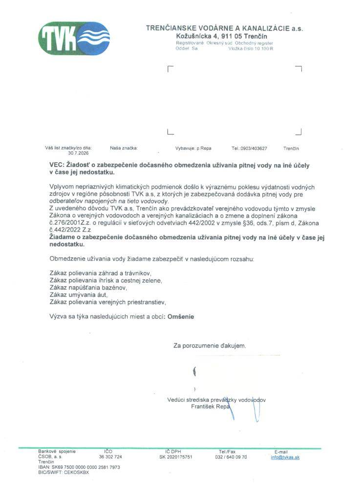 TVK - Dočasné obmedzenie užívania pitnej vody na iné účely v čase jej nedostatku