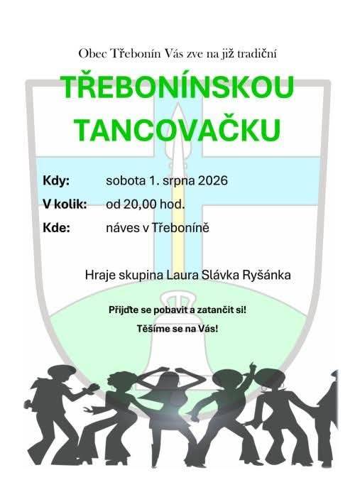Obec Třebonín Vás zve na tradiční Třebonínskou tancovačku, která se koná v sobotu 1. srpna 2026.