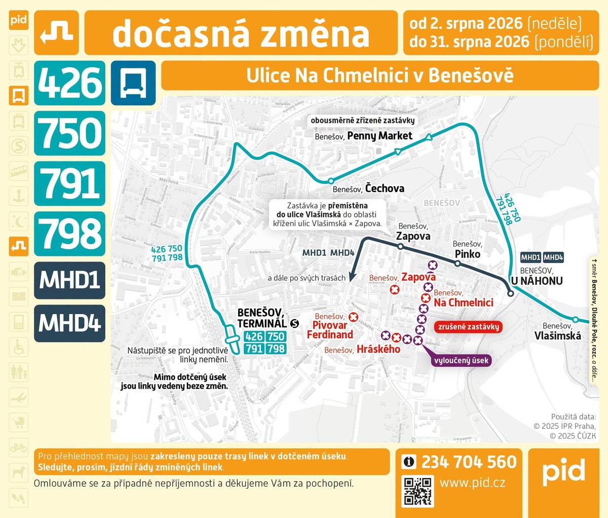 Od 2. do 31. 8. se kvůli pracím v ul. Na Chmelnici mění trasy linek 426, 750, 791, 798, MHD 1 a 4. Některé zastávky budou zrušeny či přemístěny. Nemocnice nebude obsluhována autobusy. Výlukové jízdní řády najdete www.benesov-city.cz.