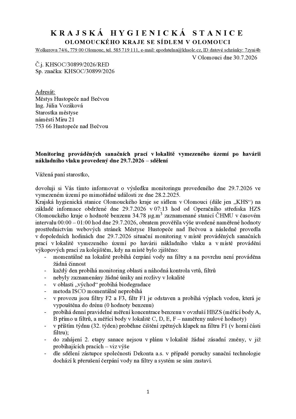 Monitoring prováděných sanačních prací v lokalitě vymezeného území po havárii nákladního vlaku provedený dne 29.7.2026 – sdělení