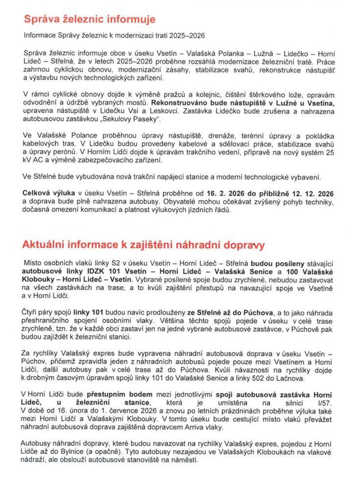 Informace Správy železnic k modernizaci trati 2025–2026