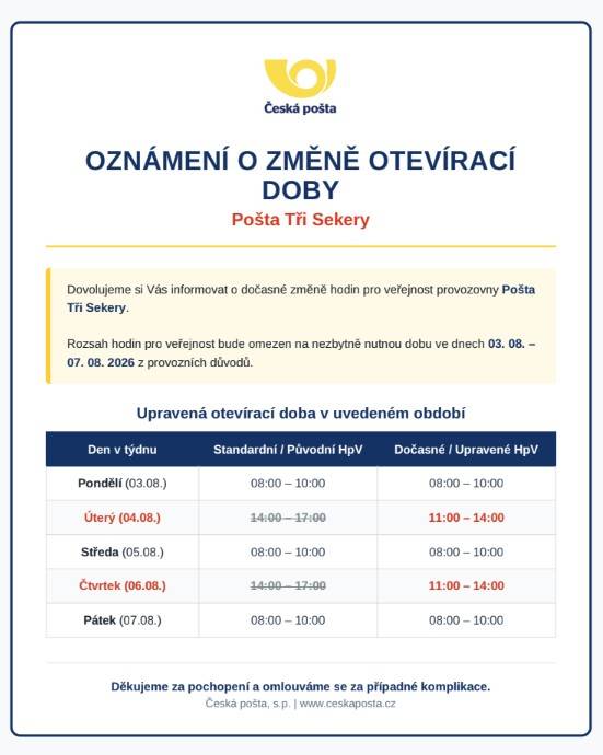 Dovolujeme si Vás informovat o dočasné změně hodin pro veřejnost provozovny České pošty v Třech Sekerách.  Z provozních důvodů bude rozsah hodin pro veřejnost omezen na nezbytně nutnou dobu, a to v termínu od 3.8. do 7.8. 2026.