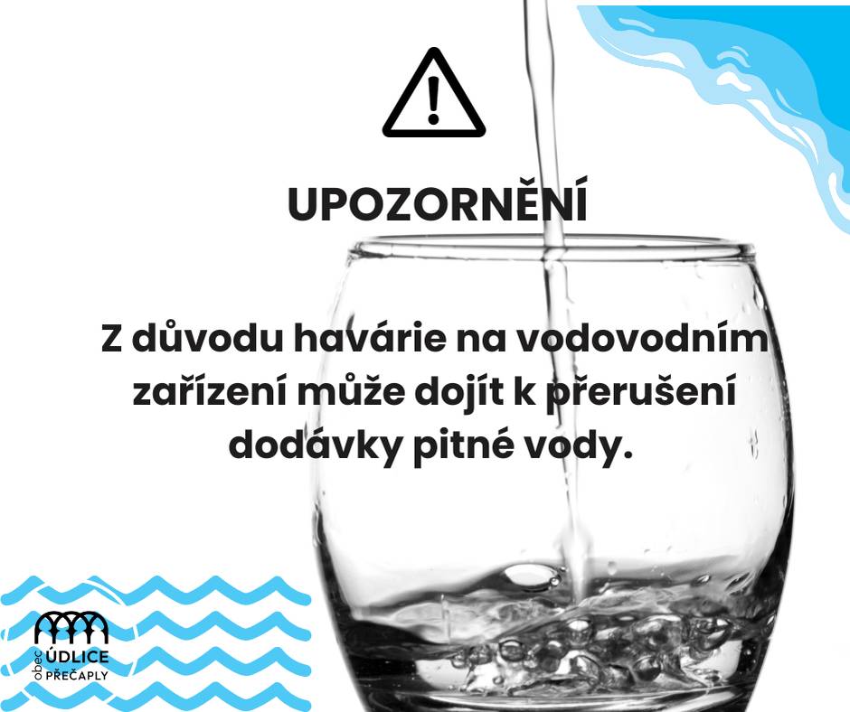 Vážení občané, upozorňujeme, že z důvodu provozní havárie na vodovodním zařízení může dojít k přerušení dodávky pitné vody. Rozsah havárie se zjišťuje. O zajištění náhradního zásobování cisternami budeme informovat.