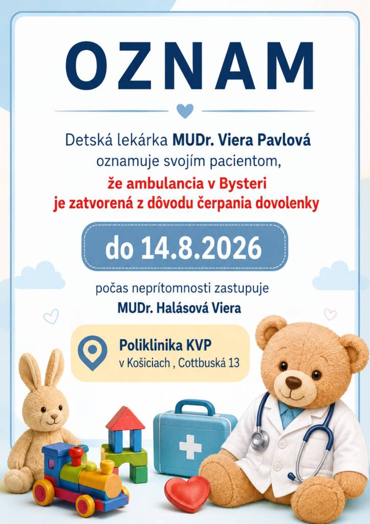 MUDr. Viera Pavlova dovolenka 3.8 - 14.8.2026